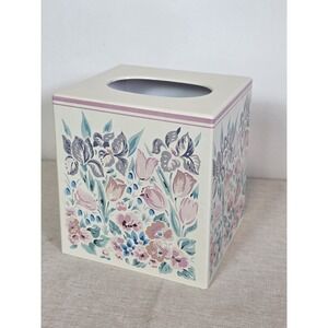 Vintage Plastic Acrylic Cube Tissue Box Cover Holder Floral 90s White Purple